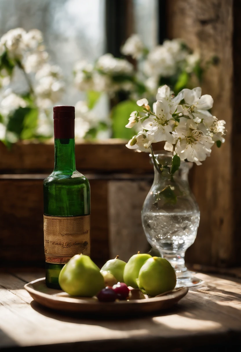 A bottle of McCarran is placed on a wooden pallet,Next to them are two glasses filled with liquid, Green plums on the table,White plum blossoms,Sunlight,grove,Chinese wooden windows,professional food photography, Cao Zhibai, artsy photography, still-life