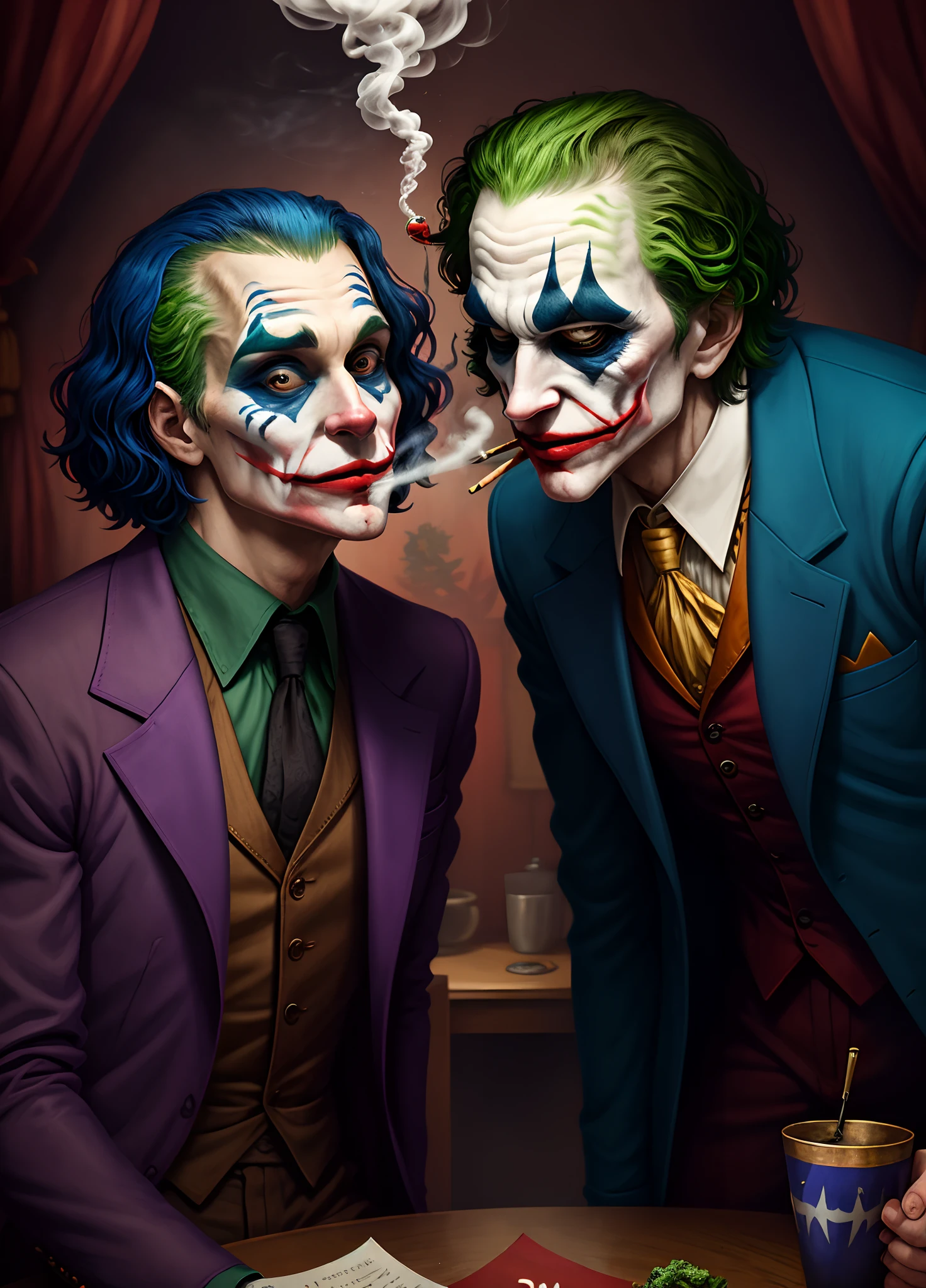 pomni from the amazing digital circus and the joker smoking weed together