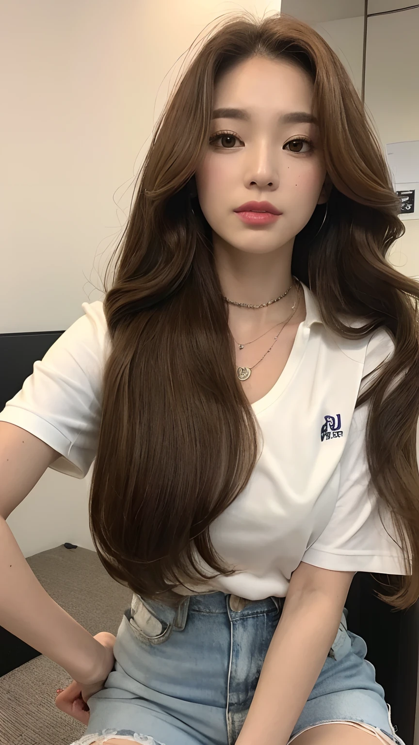 ((best qualtiy, 8K, tmasterpiece:1.3)), Focus:1.2, ((Office Worker)) ((Perfect figure Beautiful Woman: 1.4)), ((Random Diva Hairstyle) ((Brown Wavy Hair In Big Curls))(Long white legs:1.3,(Polo Shirt With Shorts Outfit :1.2) , (inside in room: 1.2), Highly Detailed Facial And Skin Texture)), A detailed eye, detailed lips, Whiten skin((Straight breasts:1.3), ((looking at camera, Wear a necklace,