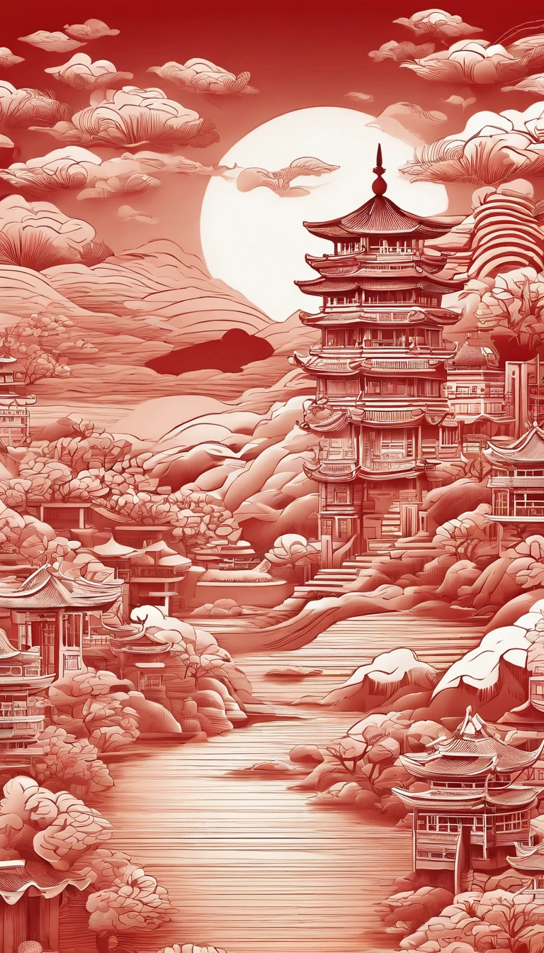 Chinese illustration on red and gold background, nuvens auspiciosas, 16k, 。...3d, bolo, Serras, Chinese lunar new year, ,Jardins,mountain water,Mar de Nuvens,acolchoamento de papel multidimensional, Composition of the tunnel, luz quente, hiper HD, Elevation perspective,Ultra foto realsisim, Cor Morandi, Detalhes requintados, Perspectivas gerais, epic detail