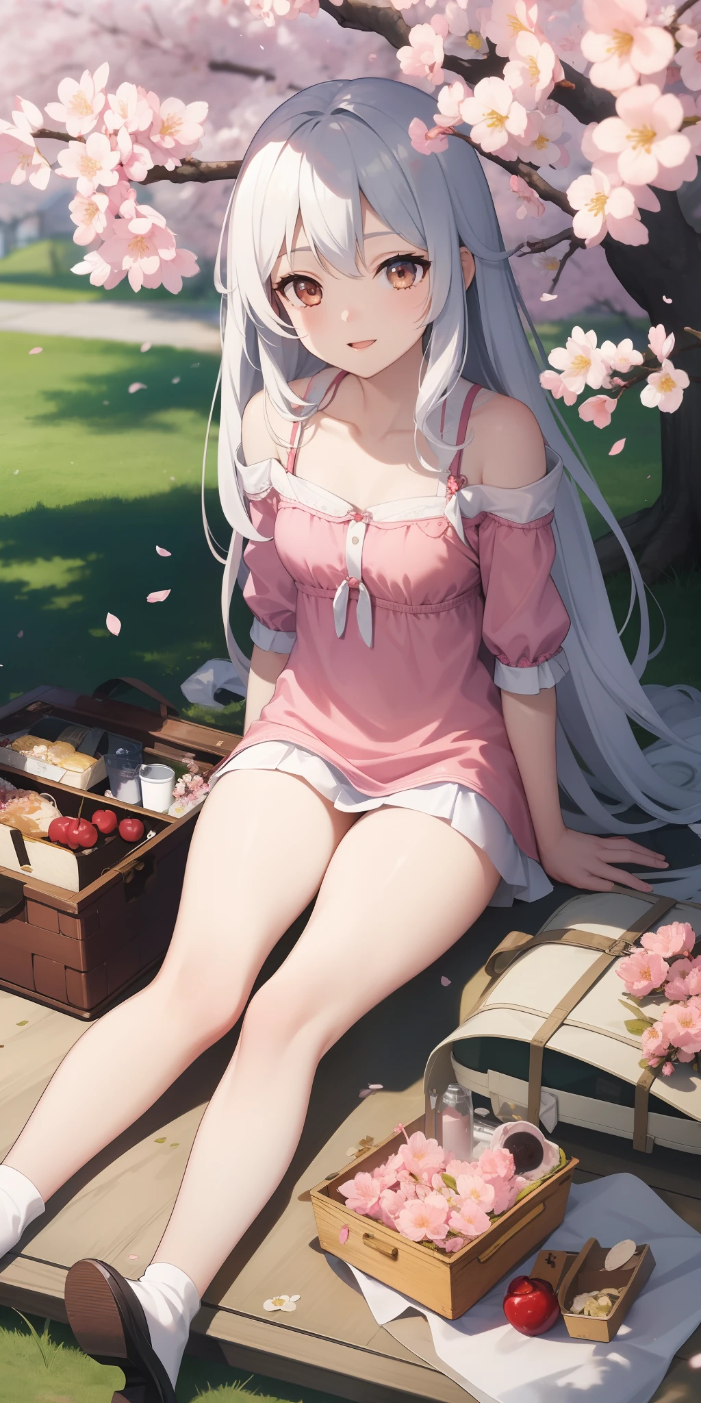 long white hair, spring, picnic, under the tree, cherry blossoms, sunny, windy