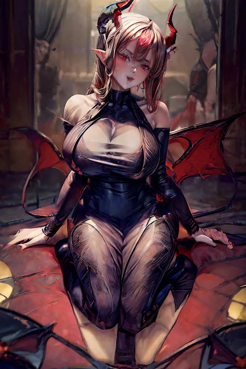 A (beautiful mature female devil:1.5), (devil horns:1.5), (devil wing:1.5), (fully clothed:2), (halter neck dress:1.5),(cut out:-1), bimbo body, on crowded street, full body shot from below, giga_busty, lingeriedresschinese