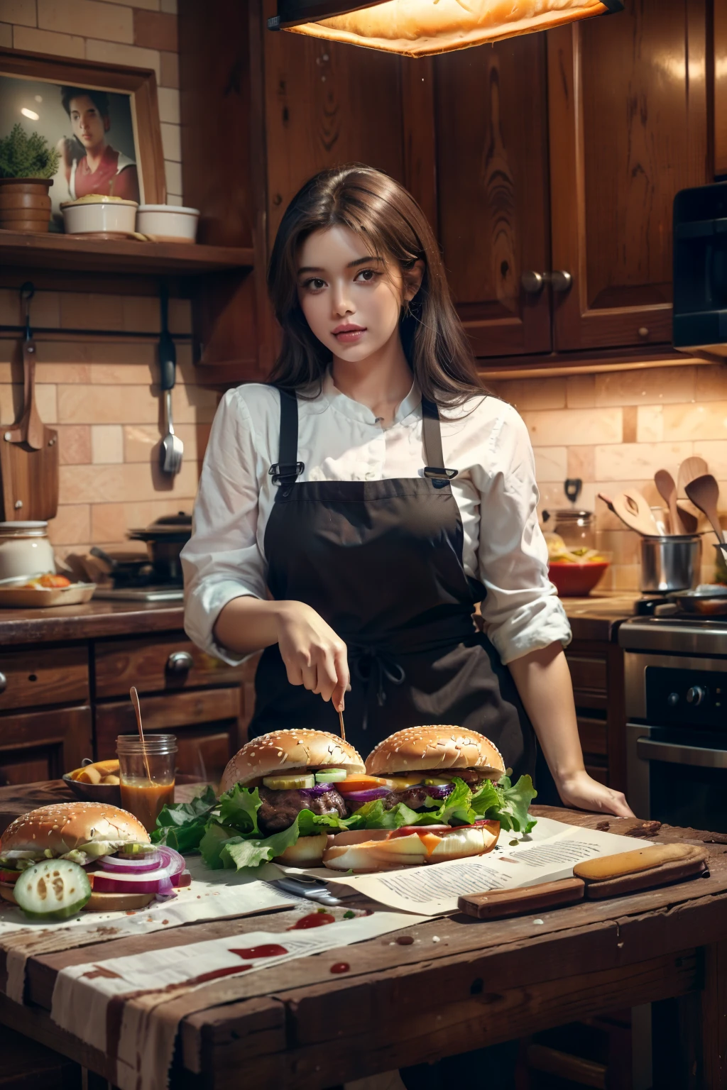 In the back kitchen of the dining room，A beautiful woman who makes hamburgers，The table was filled with juicy burgers, tasty, Hot, promotional shot, Intricate details, hdr, Cinematic,