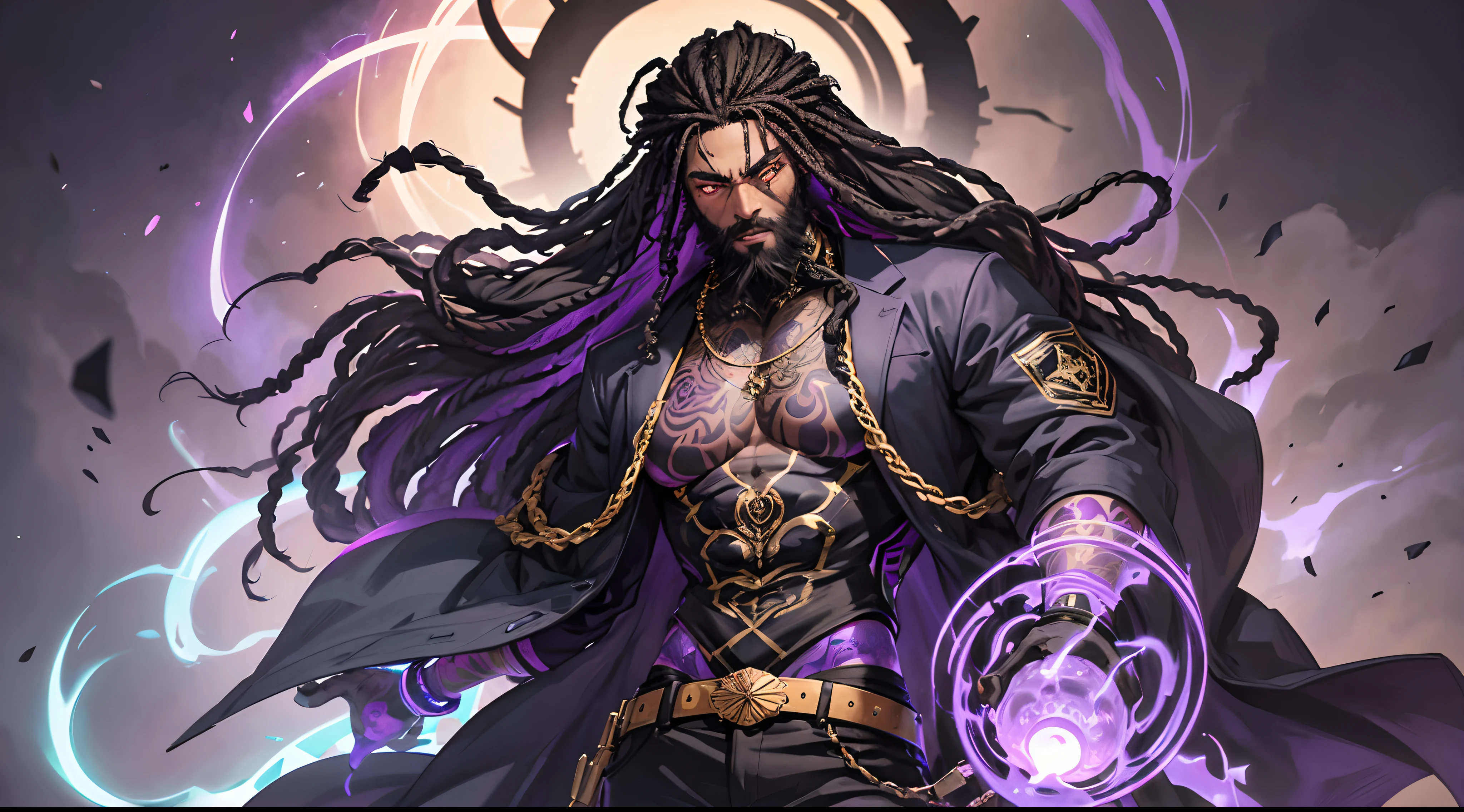 Give me a black boy with long beard and dredlock hair a Afro and a purple and black suit he has glowing purple eyes and the power of mind control and gravity with a big glock in his hand and tattoos on his neck and a nose piercing