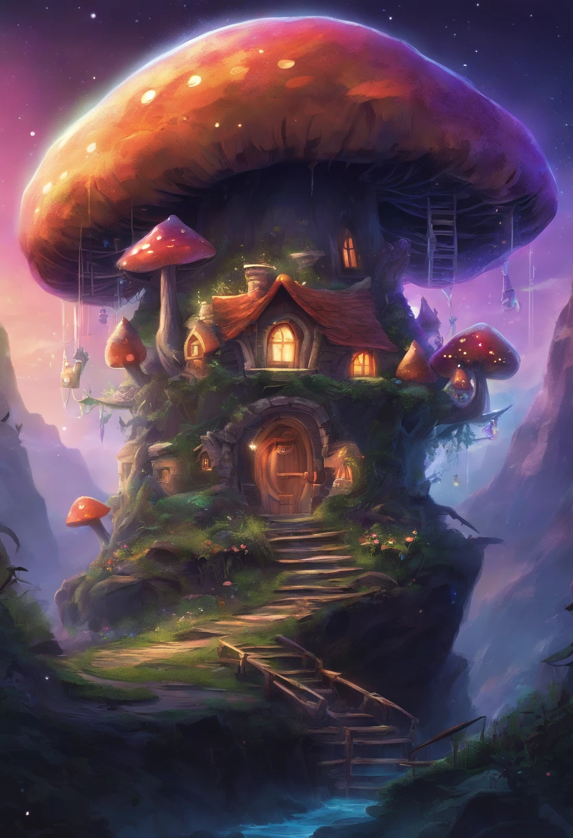 Fantasy elf world,The moon hangs high in the night,The Galaxy hangs high,A cute elf's mushroom house,highly detailed,Uptrend,vivd colour