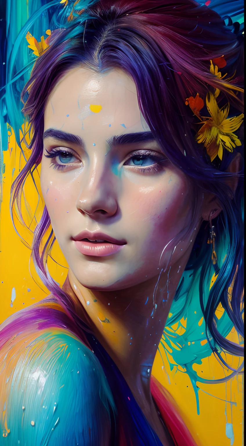 Colorful beautiful woman: a woman 18-years old, messy hair, oil painting, nice perfect face with soft skinice perfect face, blue yellow colors, light purple and violet additions, light red additions, intricate detail, splash screen, 8k resolution, masterpiece, cute face, Face of the young elemental goddess of the waters, beleza abstrata, Centrado, looking-into-camera, Approaching perfection, Dynamic, fora, altamente detalhado, Pintura digital, art-station, arte conceitual, Foco suave, ju, illustration, arte de Carne Griffiths e Wadim Kashin