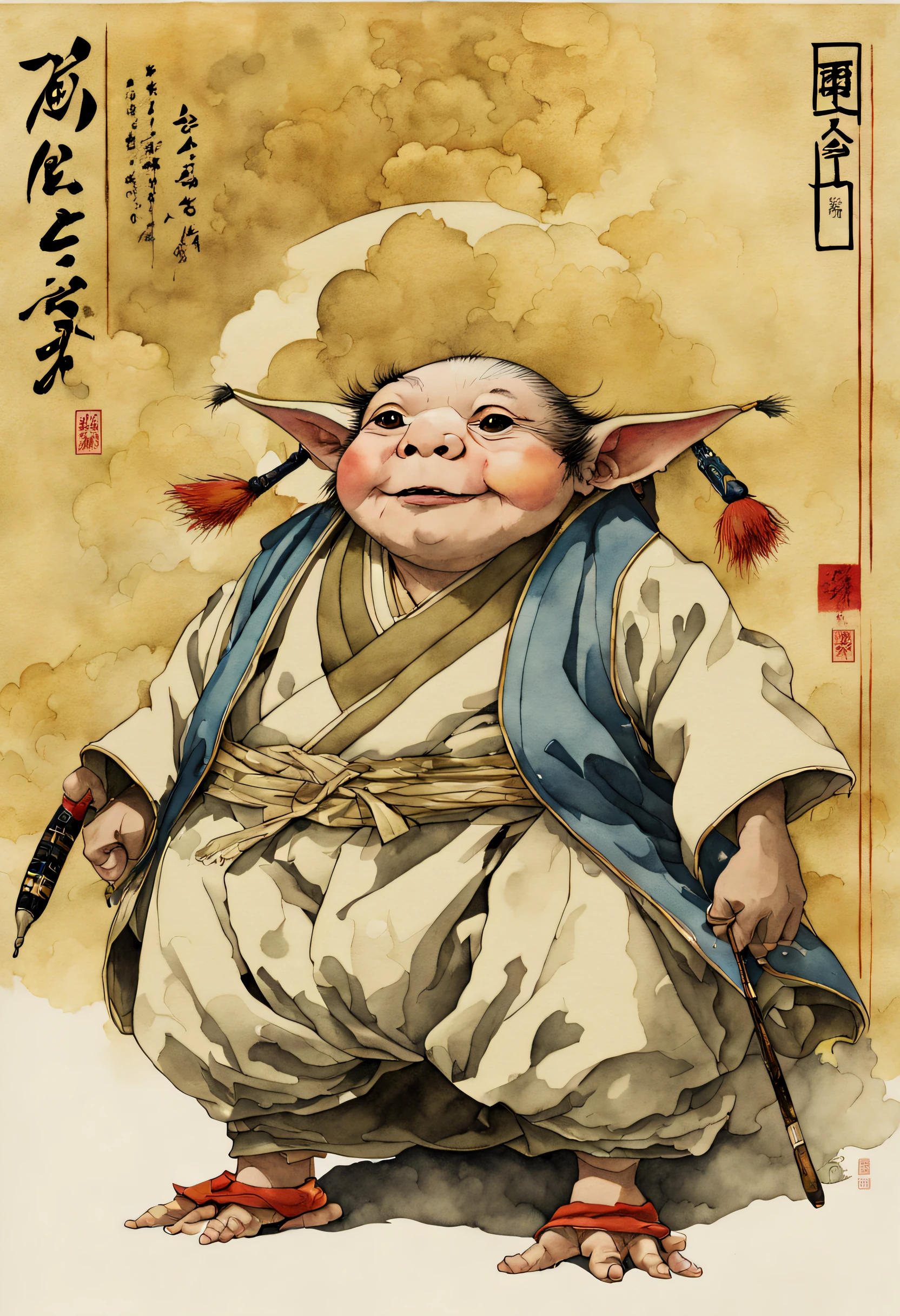 Japan style、 by Jakuchu Ito, hard disk, ink and watercolor painting, Show Avatar, Munchkin, Jakuchu It's Style, Munchkin, Black eye, Muppets, It features a simple, control, japanese painting, Contrasty, Detailed Background Description、 Full body, by Jakuchu Ito, clean, compact, A detailed、(the golden ratio:1.4)、masutepiece、top-quality、Signature canceled、