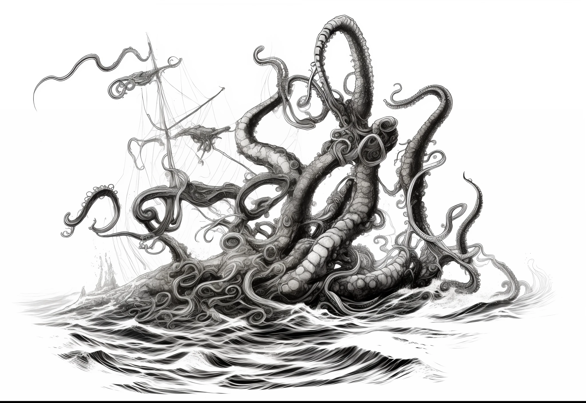 a drawing，There are boats with tentacles sticking out above, tentacles rising from the sea, Tentacle Monster, cthulhu rising from the ocean, krakens, lovecraftian sea creature, krakens, giant tentacles, many tentacles, tentacles around, lovecraftian monster, lovecraftian background, tentacle beast, huge tentacles, Lovecraft illustration in color