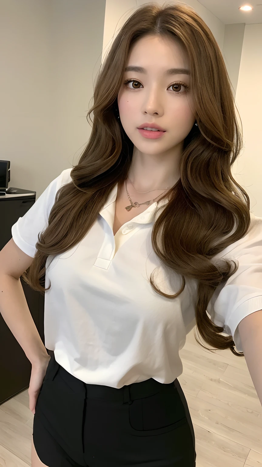 ((best qualtiy, 8K, tmasterpiece:1.3)), Focus:1.2, perfect figure beautiful woman:1.4, Cocked buttocks:1.2, ((Random Long Thick Diva Hairstyle) ((Brown Wavy Hair In Big Curls))(Long white legs:1.3,(Polo shirt With Shorts:1.2) , (inside in room: 1.2), Highly detailed facial and skin texture, A detailed eye, 二重まぶた,Whiten skin,(Straight big breasts:1.3), looking at camera, Wear a necklace,