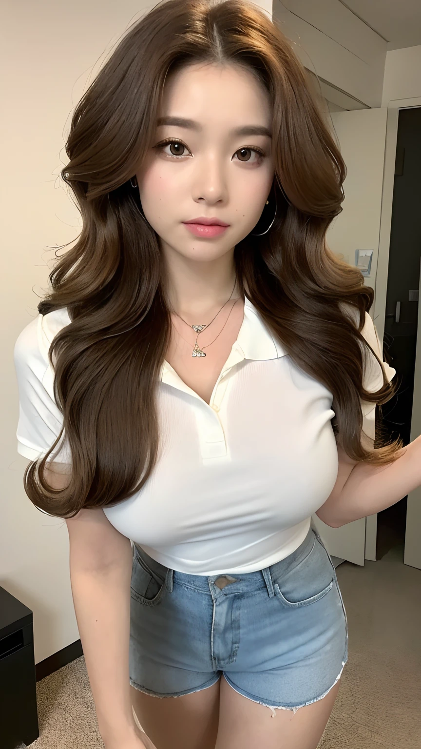 ((best qualtiy, 8K, tmasterpiece:1.3)), Focus:1.2, ((Office Worker)) ((Perfect figure Beautiful Woman: 1.4)), ((Random Diva Hairstyle) ((Brown Wavy Hair In Big Curls))(Long white legs:1.3,(Polo Shirt With Shorts Outfit :1.2) , (inside in room: 1.2), Highly Detailed Facial And Skin Texture)), A detailed eye, detailed lips, Whiten skin((Straight breasts:1.3), ((looking at camera, Wear a necklace,