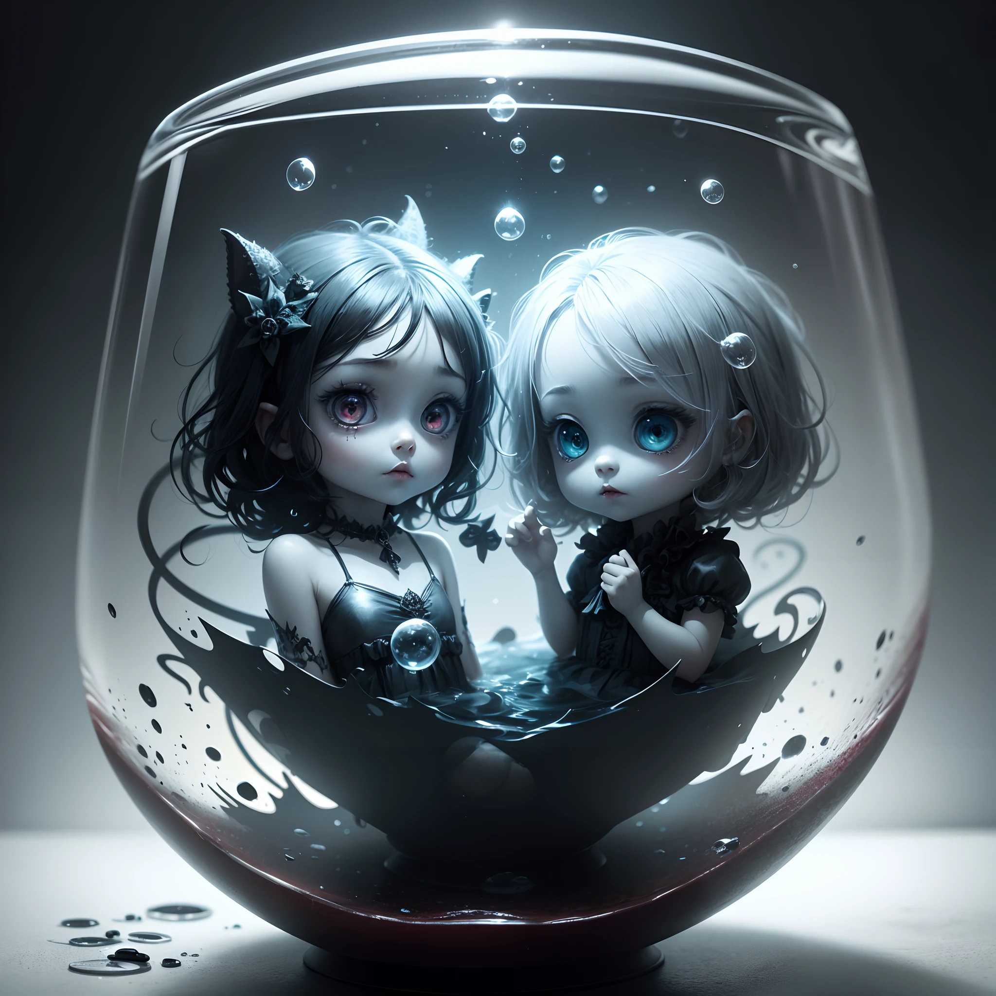 Floating antigravity bubbles of glass, inside the glass bubbles little cute devils , surrealistic, nightmare, gloomy. Realistic raytraicing, higky detailed.