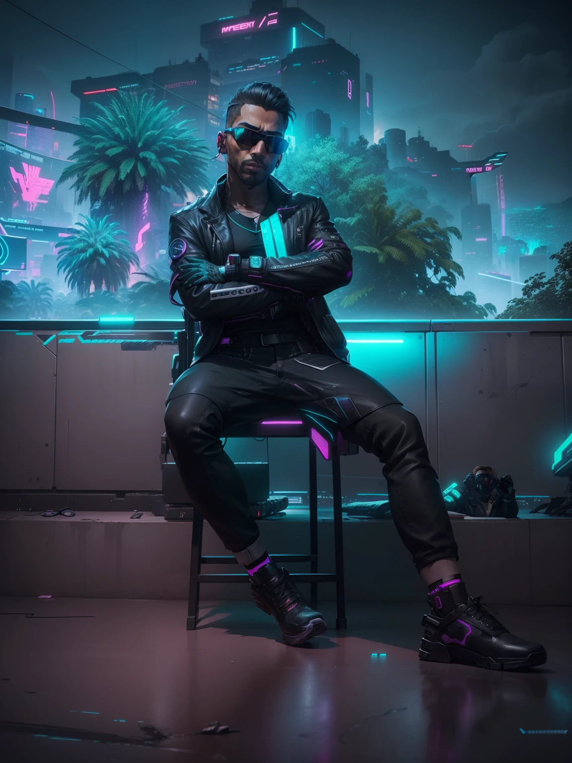 a man in a black jacket and glasses stands in front of a futuristic city, vr game, cyberpunk vibe, cyberpunk vibes, deeper into the metaverse we go, has cyberpunk style, cyberpunk theme, in cyber punk 2077, cyberpunk futuristic, cyberpunk future, synthwave, wearing cyberpunk streetwear, futuristic cyberpunk, cyberpunk tech, retro cyberpunk, synthwave style
