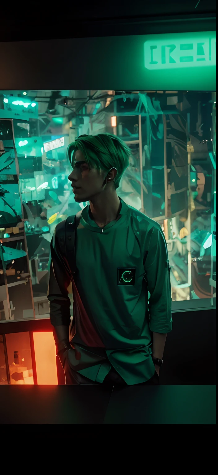 Change background cyberpunk smart boy, realistic face, 8k, ultra realistic, green colour hair.