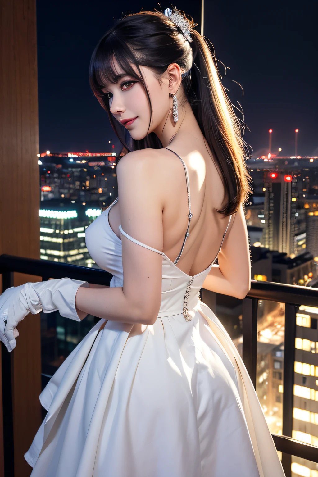 view from back、(Realistic painting style:0.9), masutepiece, Best Quality, absurderes, Looking at Viewer, Solo, bronya zaychik (silverwing n-ex), bronya zaychik, Red pupils, 1girl in, Solo, breasts, Long hair, Dress, Grey Hair, cleavage, Looking at Viewer, Smile, Closed mouth, Bangs, grey eyes, Jewelry, single glove, earrings, White Dress, gloves, Bare shoulders, Sleeveless dress, Drill Hair, Sleeveless, Single sleeve, hair between eye, Large breasts, twin drills, White sleeves, Hair Ornament, Single-pole drone, city, Night、view from back