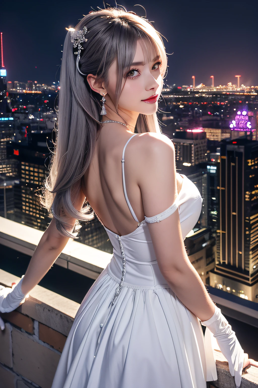 view from back、(Realistic painting style:0.9), masutepiece, Best Quality,  absurderes, Looking at Viewer, Solo, bronya zaychik (silverwing n-ex), bronya zaychik, Red pupils, 1girl in, Solo, breasts, Long hair, Dress, Grey Hair, cleavage, Looking at Viewer, Smile, Closed mouth, Bangs, grey  eyes, Jewelry, single glove, earrings, White Dress, gloves, Bare shoulders, Sleeveless dress, Drill Hair, Sleeveless, Single sleeve, hair between eye, Large breasts, twin drills, White sleeves, Hair Ornament, Single-pole drone, city, Night、view from back