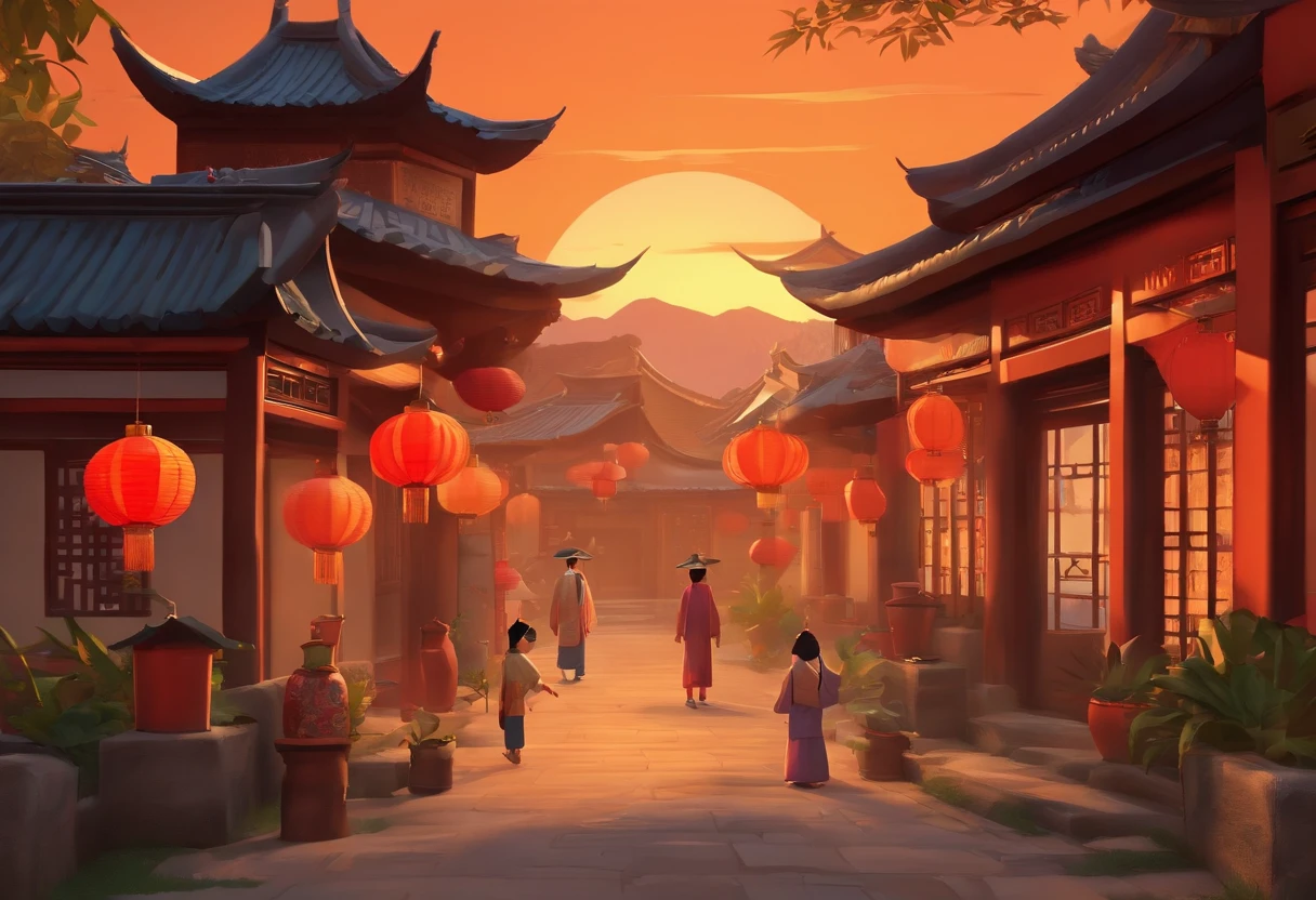 (the sunset:1.4)，(old Chinese village:1.3)，(The villagers:1.2)Sit in a circle，(the elder:1.4)Tell stories in traditional Chinese costumes，(General of the Yang family:1.1)Be discussed，(Hand fan:1.3)He was slowly waved by the elder，(An expression of undivided attention:1.2)On the faces of the villagers，(Some villagers wear traditional Chinese hats:1.1)，(children's:1.1)big breasts and big breasts(AS-Adult:1.1)Listen，(thatched roof:1.2)for the background(Ancient Chinese houses:1.2)，(Dimly lit sky:1.3)，(Orange and red in the sky:1.4)，(shadowing:1.2)Longer and longer，(luz de velas:1.2)Tai(lanterns:1.3)Brighten faces，(Simple:1.3)，(peacful:1.4)，(Neighborhoods:1.2)，(Oral tradition:1.1)，(Cultural heritage:1.1)，(Meticulous facial expressions:1.3)，(Casual wear:1.2)，(The hands of the old man:1.3)Hand held fan，(wisdom:1.2)As an elder，(telling stories:1.4)，(focus-on:1.3)，(background detail:1.2)Country life，(naturey:1.1)Runt，(the trees:1.1)，(a plant:1.1)，(eventide:1.4)，(warm lights:1.4)、(nostalgia:1.2)、(A high resolution:1.4)、(Ultra photo realsisim:1.4)、(4k:1.4)、(8k:1.4)、(tmasterpiece:1.4)、(Best Picture Quality:1.4)。