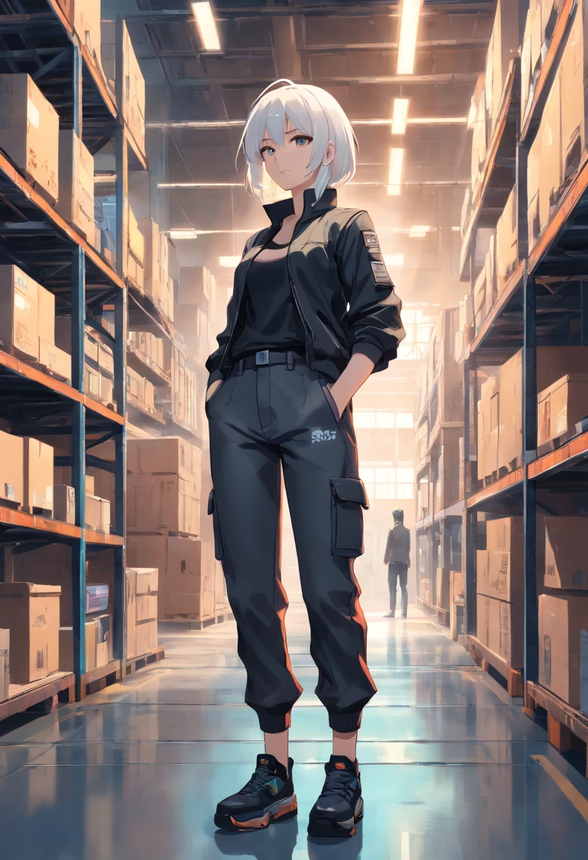 a woman with medium white hair and black pants standing in a warehouse, cyberpunk realistic girl, cargo pants. cyberpunk city, female cyberpunk, digital cyberpunk realistic art, realistic cyberpunk art, modern cyberpunk city, muted cyberpunk style, cyberpunk girl mech,