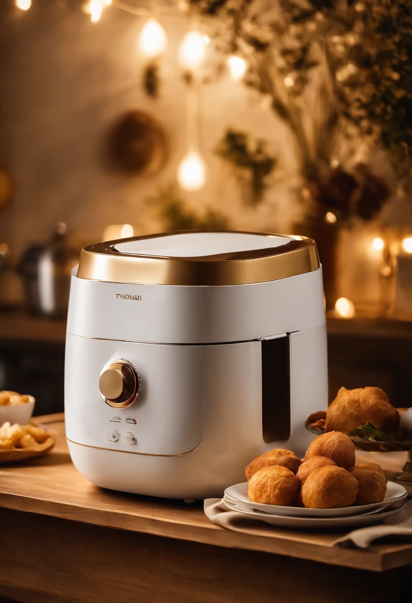 a white air fryer with food piled into different containers, in the style of romantic atmosphere, light gold and light amber, False naïve, flatness of space, toraji, pretty, use of screen tones