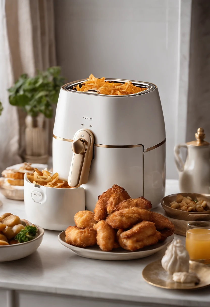 a white air fryer with food piled into different containers, in the style of romantic atmosphere, light gold and light amber, False naïve, flatness of space, toraji, pretty, use of screen tones