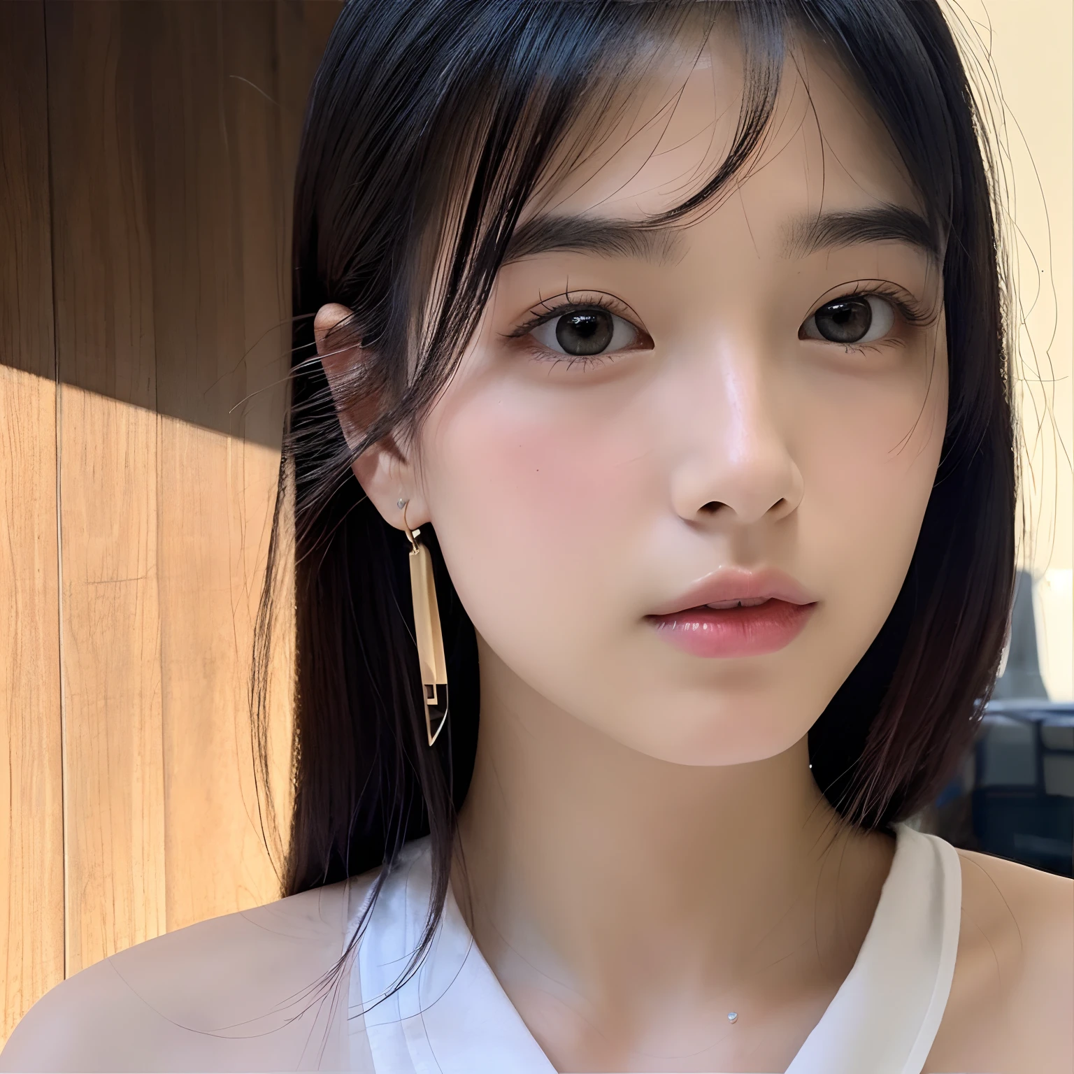 A dark-haired、japanes、twinks、Beautie、Left ear piercing、Center division、Wolfcut、Thin eyebrows、Nose low、Low eyebrows、Length