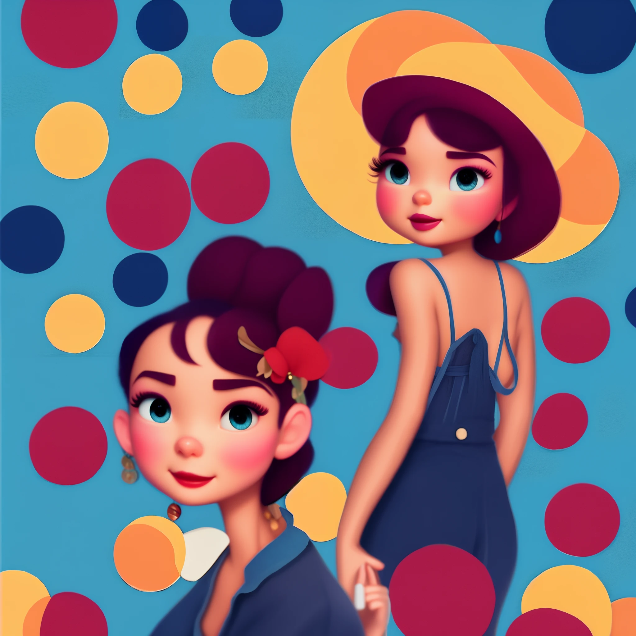 Make a pixar-style poster. The character is feminine and has dark eyes, cabelos escuros, cabelo liso, cabelo repicado e compridos, gordinha, ombros largos, 3 ear holes wears colorful strappy t-shirt and jeans