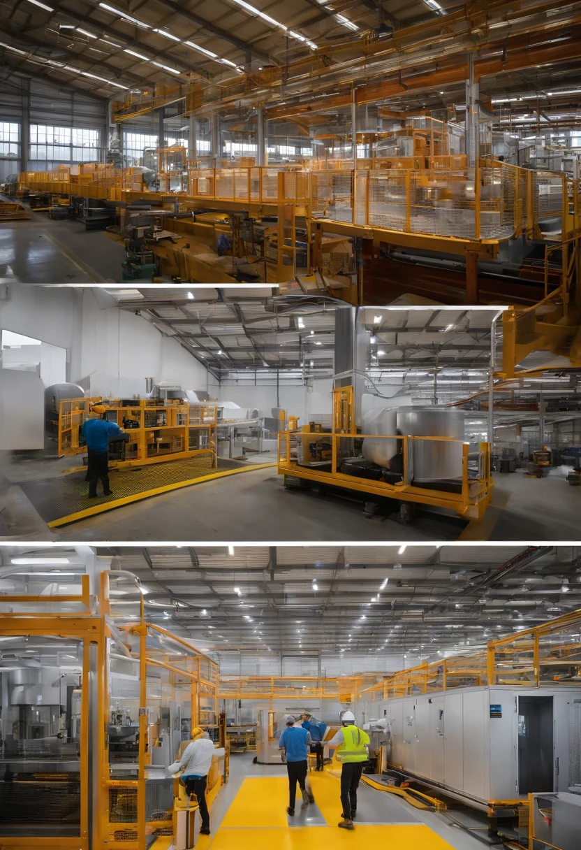 bright colors, Photo of a state-of-the-art factory floor showcasing two distinct production lines. On the left, the prefabricated bathroom pods are being assembled with precision machinery, displaying various stages of assembly from raw materials to the finished product. On the right, the volumetric production line is in full swing, with large modules being constructed and ready for transport. Bright overhead lights illuminate the space, and workers in safety gear oversee the operations, ensuring everything runs smoothly.