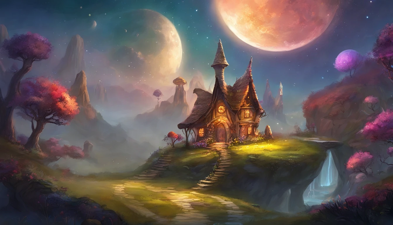 Fantasy elf world,The moon hangs high in the night,The Galaxy hangs high,Meteors flew by,A cute elf's mushroom house,highly detailed,Uptrend,vivd colour