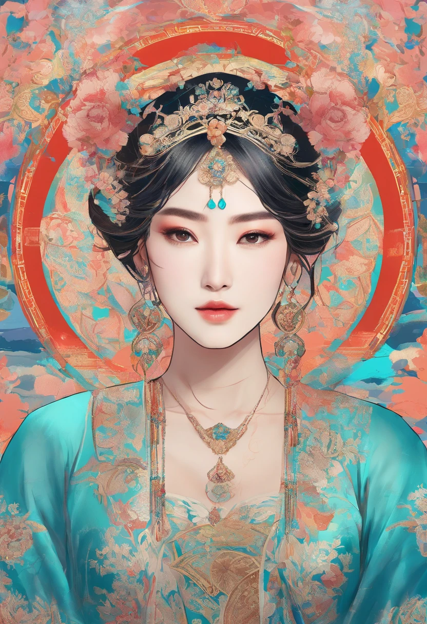 Bust photo, a beautiful woman, messy hair, girly, symmetrical bun, hair accessories, jewelry, delicate face, eye shadow, delicate cyan top, bare shoulders, navel, bare belly, Dunhuang style, a lot of streamers, delicate skin, soft light effects, delicate and smooth hair, delicate details, eye highlights, fair skin, fine portrayal, extreme details, cinematic quality, thin, slender, broken, hair details, thin bangs, shawl hair, correct body, shadows, air bangs, 8K, super detailed, Fine fabric texture, soft, supple, smooth texture, Dunhuang style, delicate pattern, correct hand painting, smile, tsurime, Surrealism, ray tracing, UHD, high details, super detail, highres, 8k, high quality, high details, textured skin, ccurate