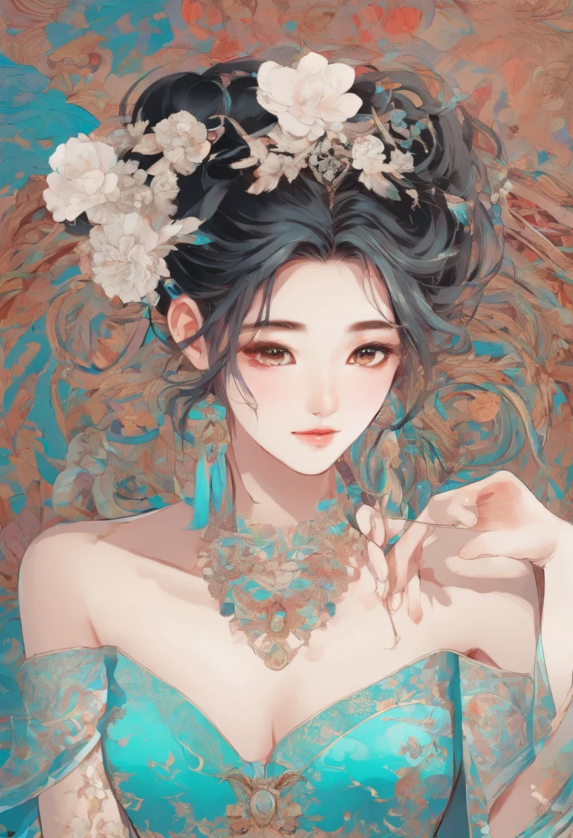 Bust photo, a beautiful woman, messy hair, girly, symmetrical bun, hair accessories, jewelry, delicate face, eye shadow, delicate cyan top, bare shoulders, navel, bare belly, Dunhuang style, a lot of streamers, delicate skin, soft light effects, delicate and smooth hair, delicate details, eye highlights, fair skin, fine portrayal, extreme details, cinematic quality, thin, slender, broken, hair details, thin bangs, shawl hair, correct body, shadows, air bangs, 8K, super detailed, Fine fabric texture, soft, supple, smooth texture, Dunhuang style, delicate pattern, correct hand painting, smile, tsurime, Surrealism, ray tracing, UHD, high details, super detail, highres, 8k, high quality, high details, textured skin, ccurate