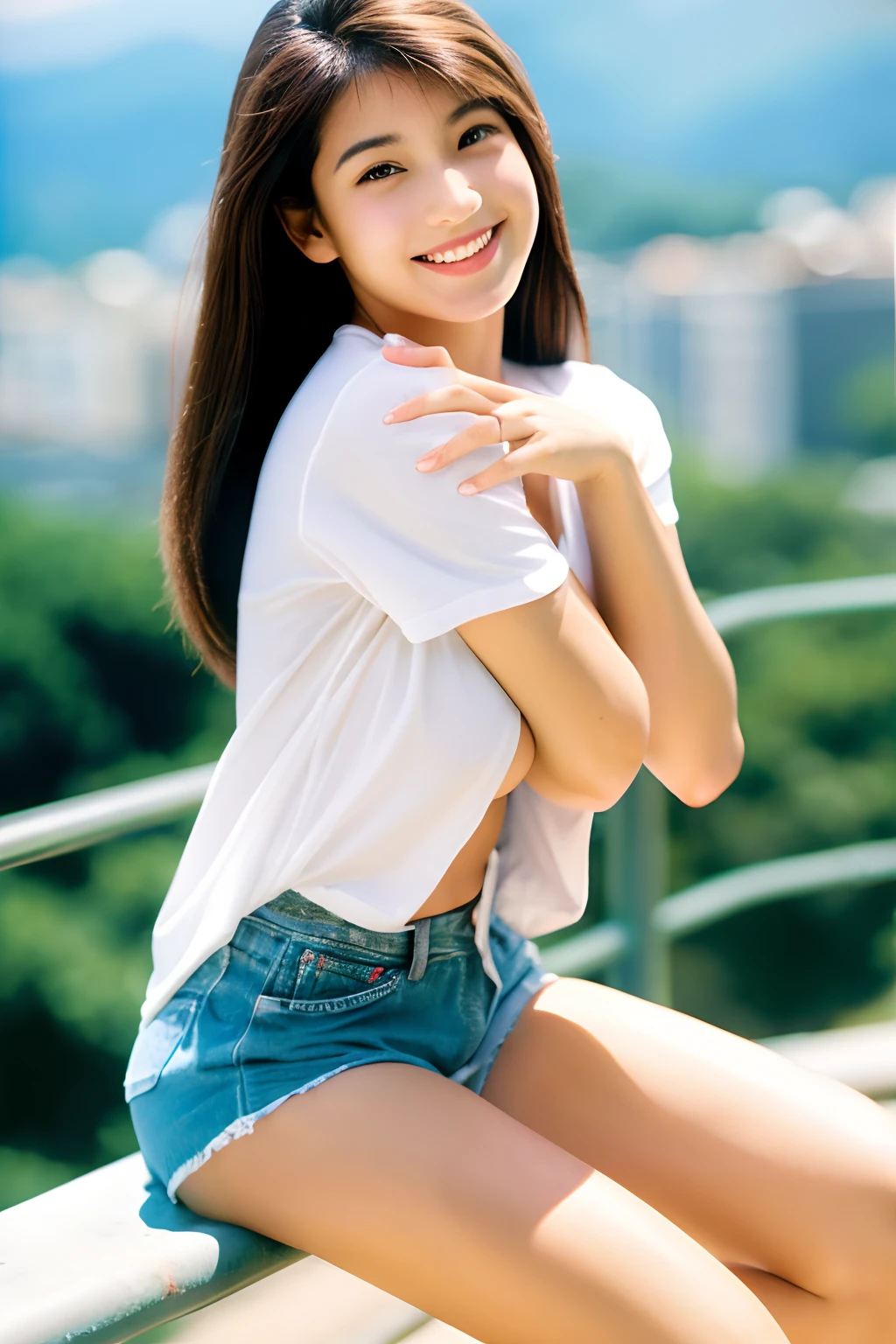 tall and、Clear eyes and nose、de pele branca、slightly larger breasts、a smile、18year old、legs are long、Vivid colored clothes in shorts。full bodyesbian