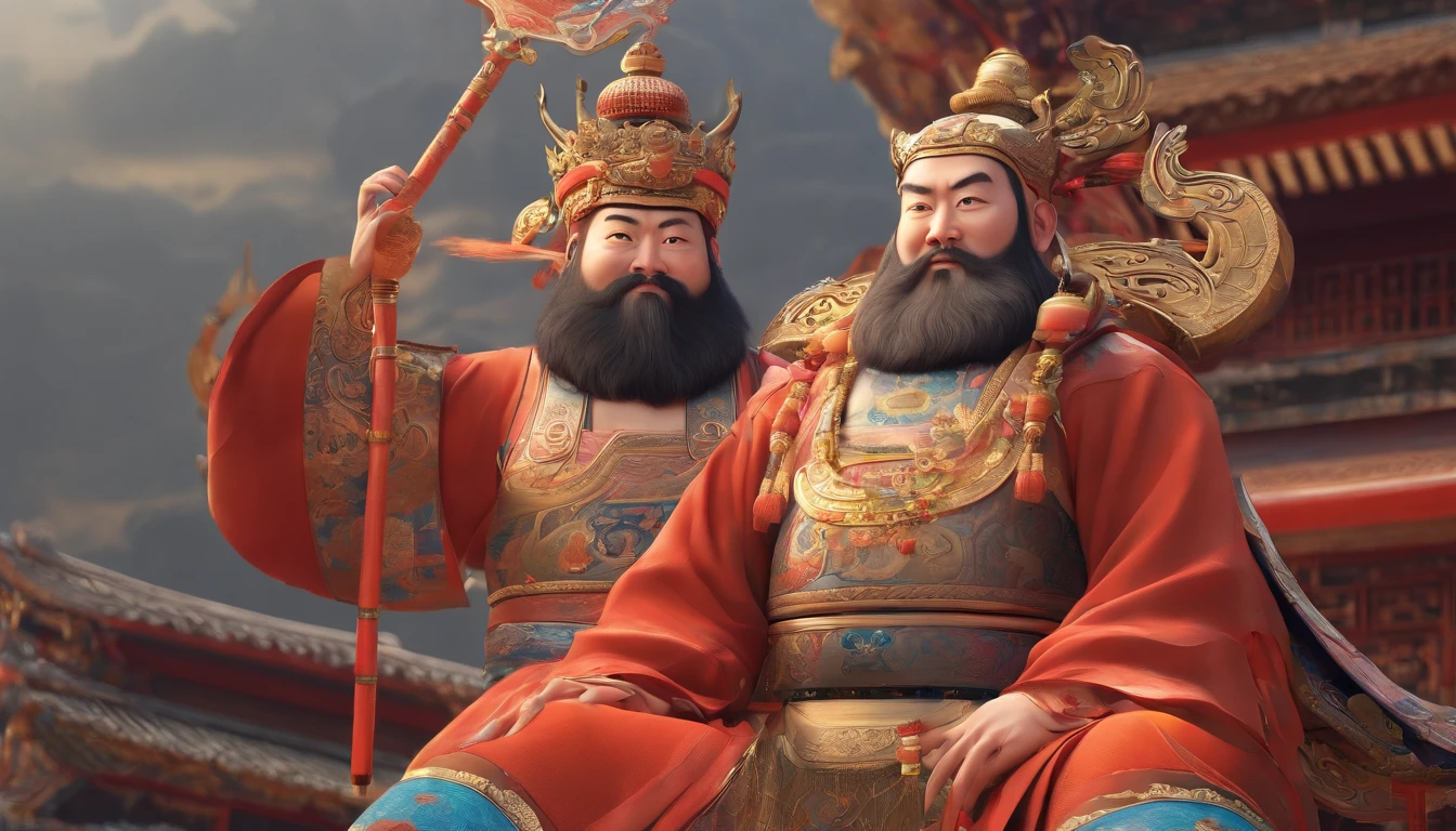 (((Pangu))) Best quality, Ultra-high resolution, 4K detailed CG, Masterpiece, God of the universe, big beard,Chinese clothing, Chinese mythology, ((stand posture)),Chinese painting style, shui mo hua, Thangka style, Aesthetic, Screen-centric