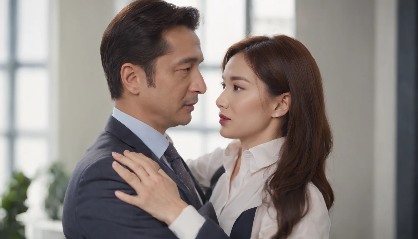 (Lady in women's clothes in office:1.1)、(Middle-aged man in suit:1.1)、(sexual harassment:1.2)、(Full body shot)、(Super beautiful)、(ultra beautiful faces)、(A detailed face:1.5)、(troubled look:1.3)、A miniskirt、(Offices of major companies in Japan:1.1)、(The man hugged her chest:1.5)、(The man hugged her waist:1.5)