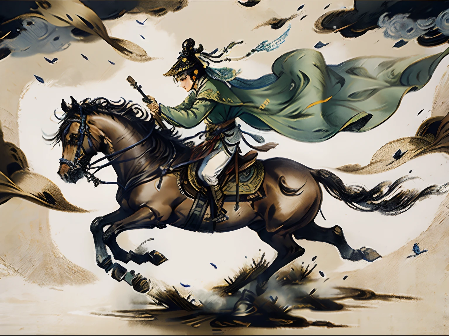 Messengers,ride horse, 32K, Best quality, Masterpiece, Super detail, High details,Chinese Ancient Times,Ancient wind,k hd,Traditional ink painting