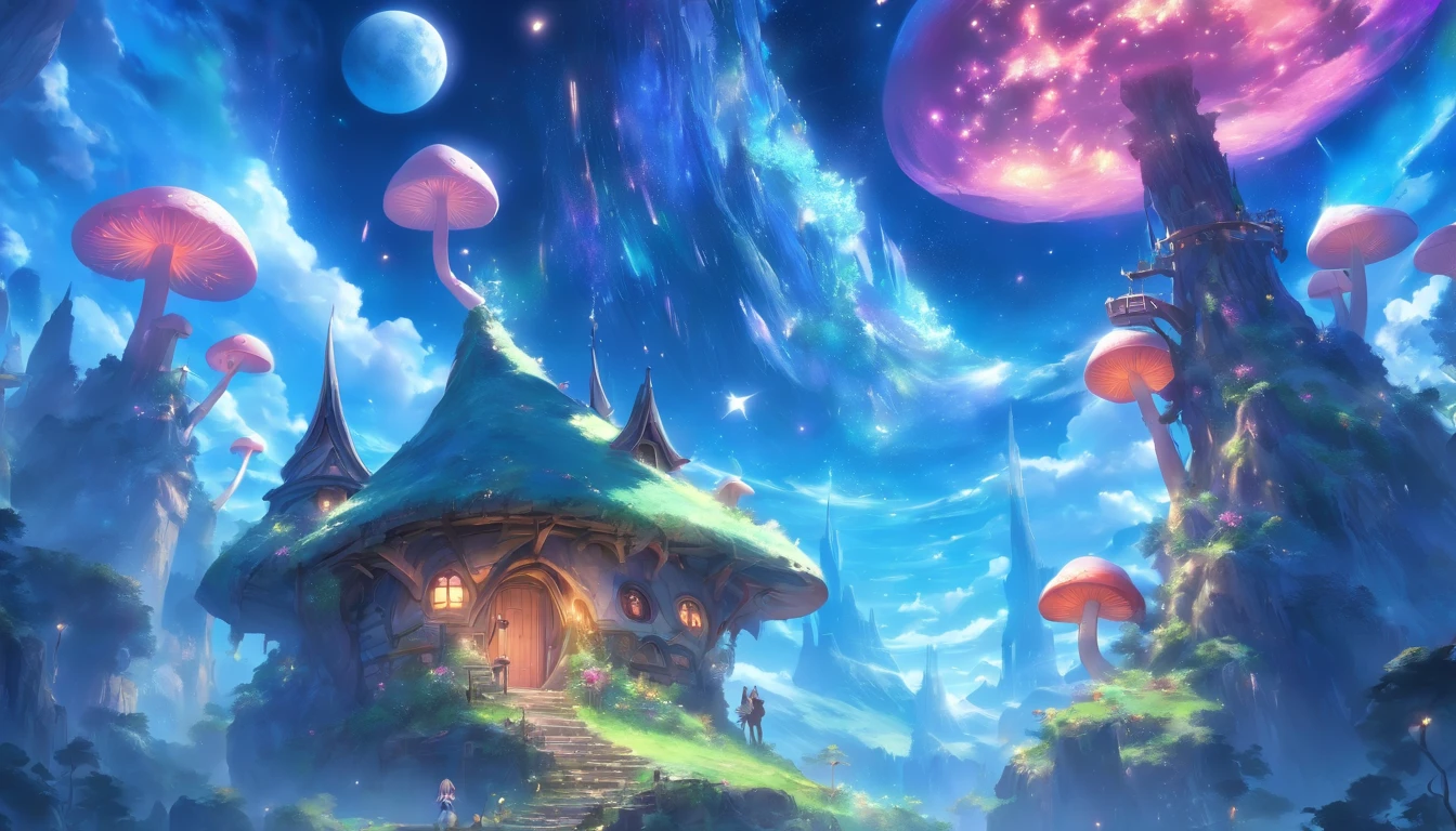 Fantasy elf world,The moon hangs high in the night,The Galaxy hangs high,Meteors flew by,A cute elf's mushroom house，highly  detailed，Uptrend，vivd colour