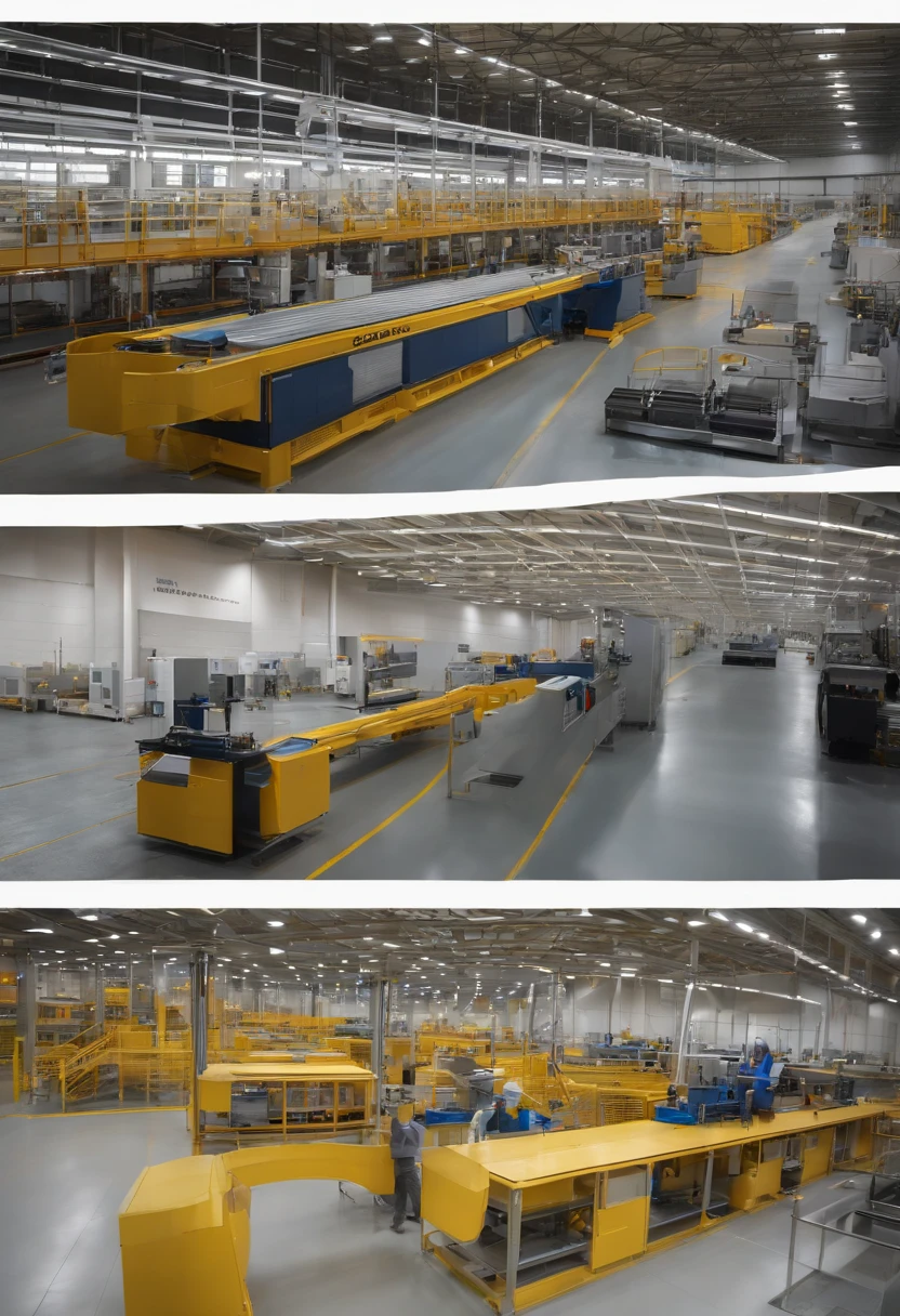 do not split the picture into two, very bright colors, Photo of a state-of-the-art factory floor showcasing two distinct production lines. On the left, the prefabricated bathroom pods are being assembled with precision machinery, displaying various stages of assembly from raw materials to the finished product. On the right, the volumetric production line is in full swing, with large modules being constructed and ready for transport. Bright overhead lights illuminate the space, and workers in safety gear oversee the operations, ensuring everything runs smoothly.
