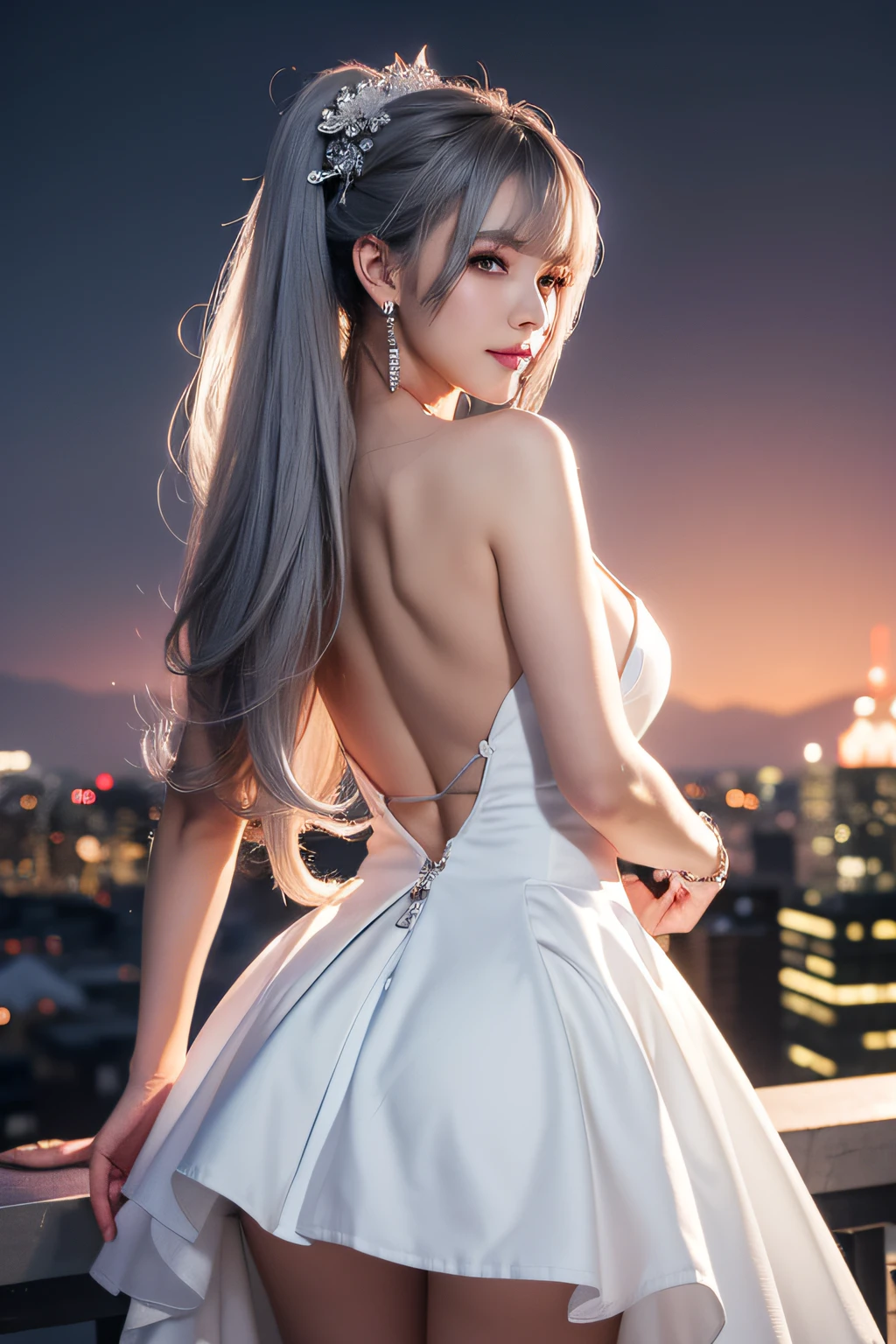 view from back、(Realistic painting style:0.9), masutepiece, Best Quality, absurderes, Looking at Viewer, Solo, bronya zaychik (silverwing n-ex), bronya zaychik, Red pupils, 1girl in, Solo, breasts, Long hair, Dress, Grey Hair, cleavage, Looking at Viewer, Smile, Closed mouth, Bangs, grey eyes, Jewelry, single glove, earrings, White Dress, gloves, Bare shoulders, Sleeveless dress, Drill Hair, Sleeveless, Single sleeve, hair between eye, Large breasts, twin drills, White sleeves, Hair Ornament, Single-pole drone, city, Night、Poses with different movements、view from back