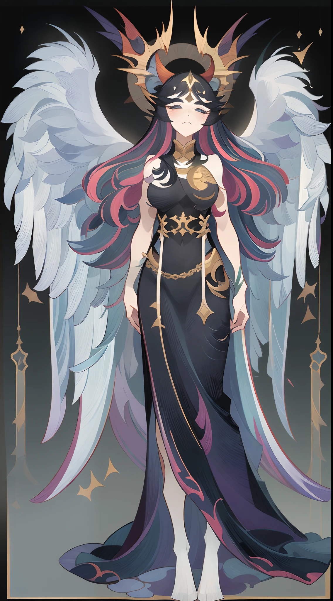 Full body portrait of 1 girl, angelicales, Angel wings, Gorgeous long dress, standing on your feet, (((独奏))), Clear facial features, Simple line design, Simple, Ren, Layered, ((Solid black background)), tarot design, Standing drawings of characters, ((flatcolors)), (tmasterpiece，top Quority，best qualtiy，超高分辨率，Clear facial features，beautidful eyes，beauitful face)