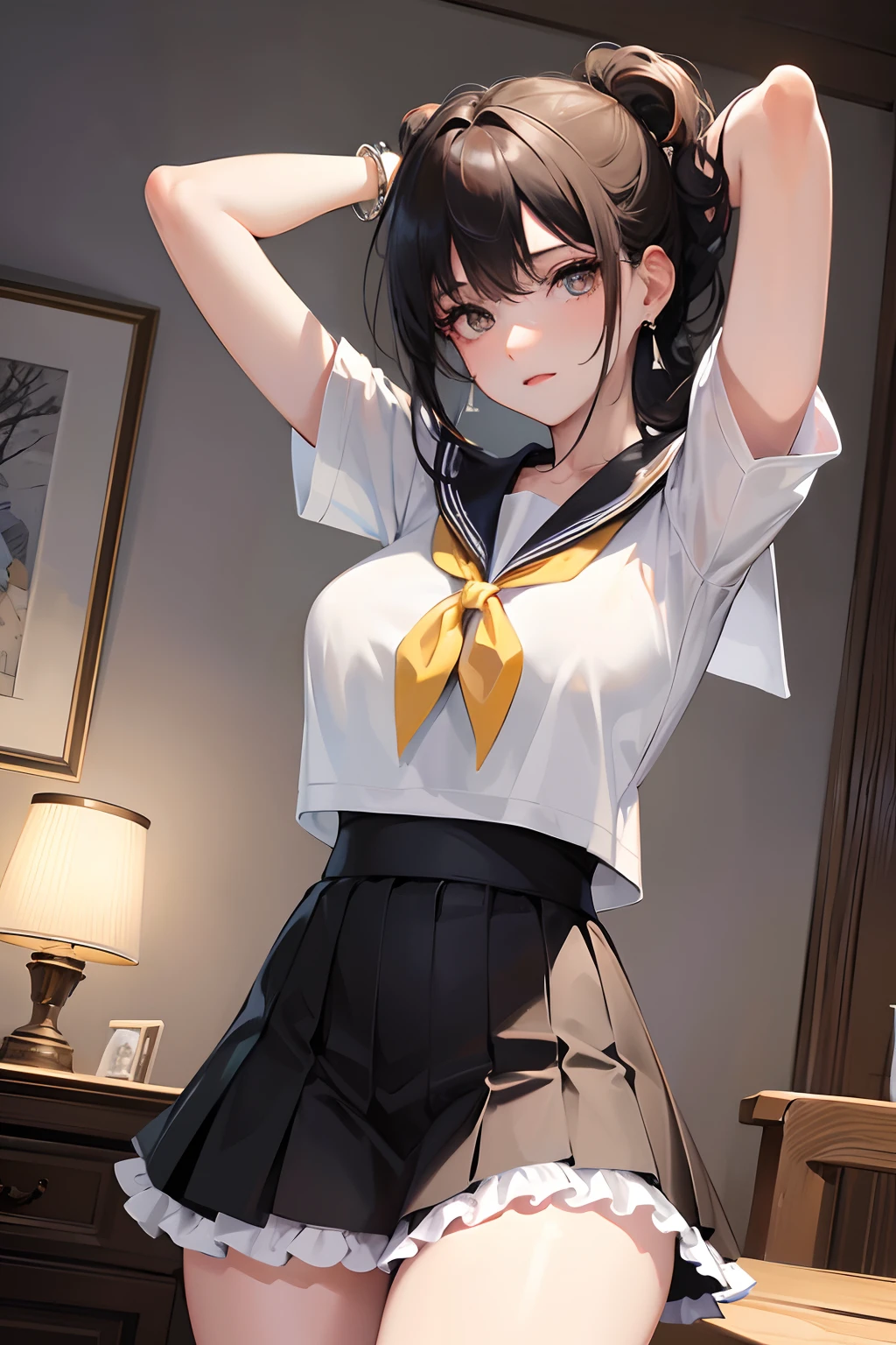 Masterpiece, Best quality, Dusk, against backlight at dusk, Realistic, Real, Huge_filesize, the wallpaper, Japanese, Girl, Medium hair, Black hair, Disheveled hair, view the viewer, Beautiful detailed eyes, Sailor collar, Shorts under the skirt, Bare_bshoulders, Lace, Miniskirt, Frilled thighs, Earrings, jewelry, pendant, The Arm_arms cuffs, arms behind head, Crossed_Legs, Spread legs,