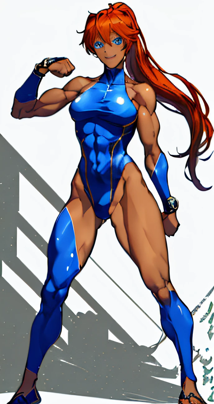 resplendent smile、1 Women's Fitness Model、Huge chest on the verge of bursting、thin and long legs、abdominals、musculature、Brown skin、Metallic blue high-leg swimsuit、25-years old、Height 175cm、Good at sports、blue eyes、Orange hair、Pony tail、glistning skin、blue eyes、Pose ready to fight、full-body view