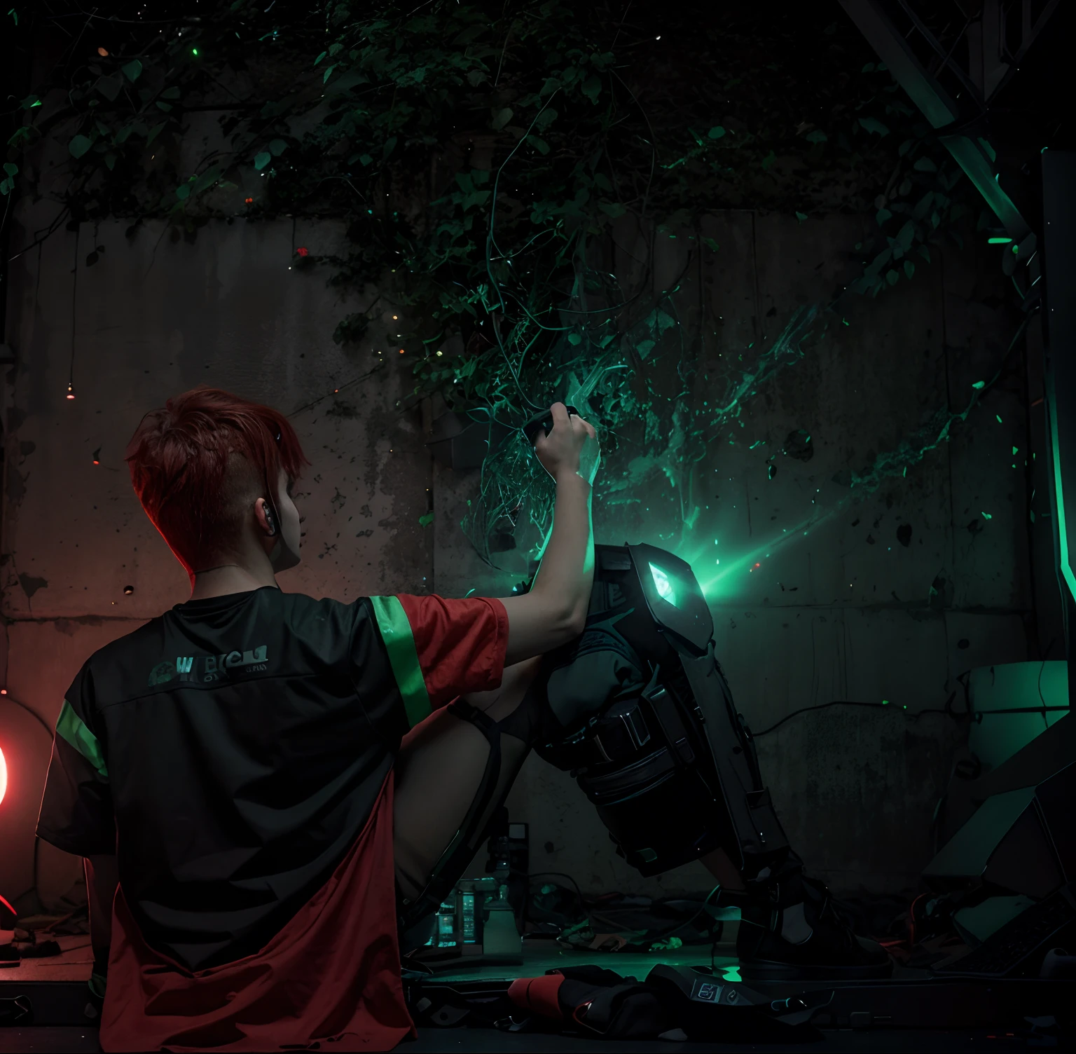 Change background cyberpunk hacker boy, realistic face, 8k, ultra realistic, red colour hair, green lighting.