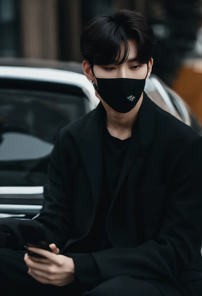 arafed man in a car with a black jacket and a cell phone, male ulzzang, jinyoung shin, jinyoung shin aesthetic, 1 7 - year - old boy thin face, kim doyoung, wearing all black mempo mask, ulzzang, jungkook, boy has short black hair, cai xukun, kanliu666
