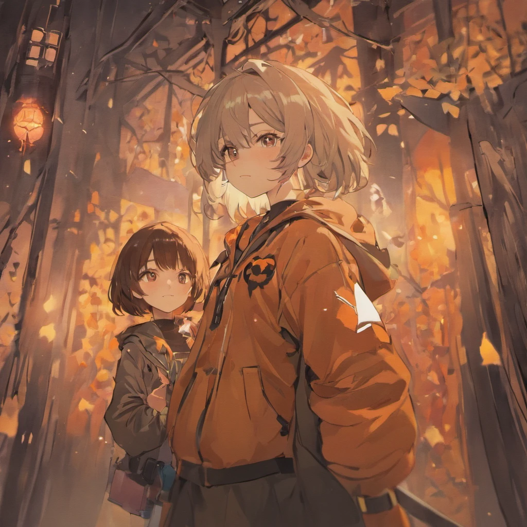 Halloween、Pumpkin background,duo、Handsome gray-haired man、Woman with black hair、coat,Cross your shoulders、Have a game controller、A smile、parka、video game、