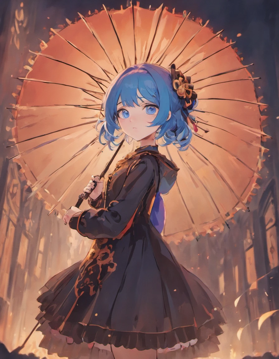whaite hair,Blue eyes,Petite girl,goth clothes,Holding a parasol,Victorian,No light in the eyes,