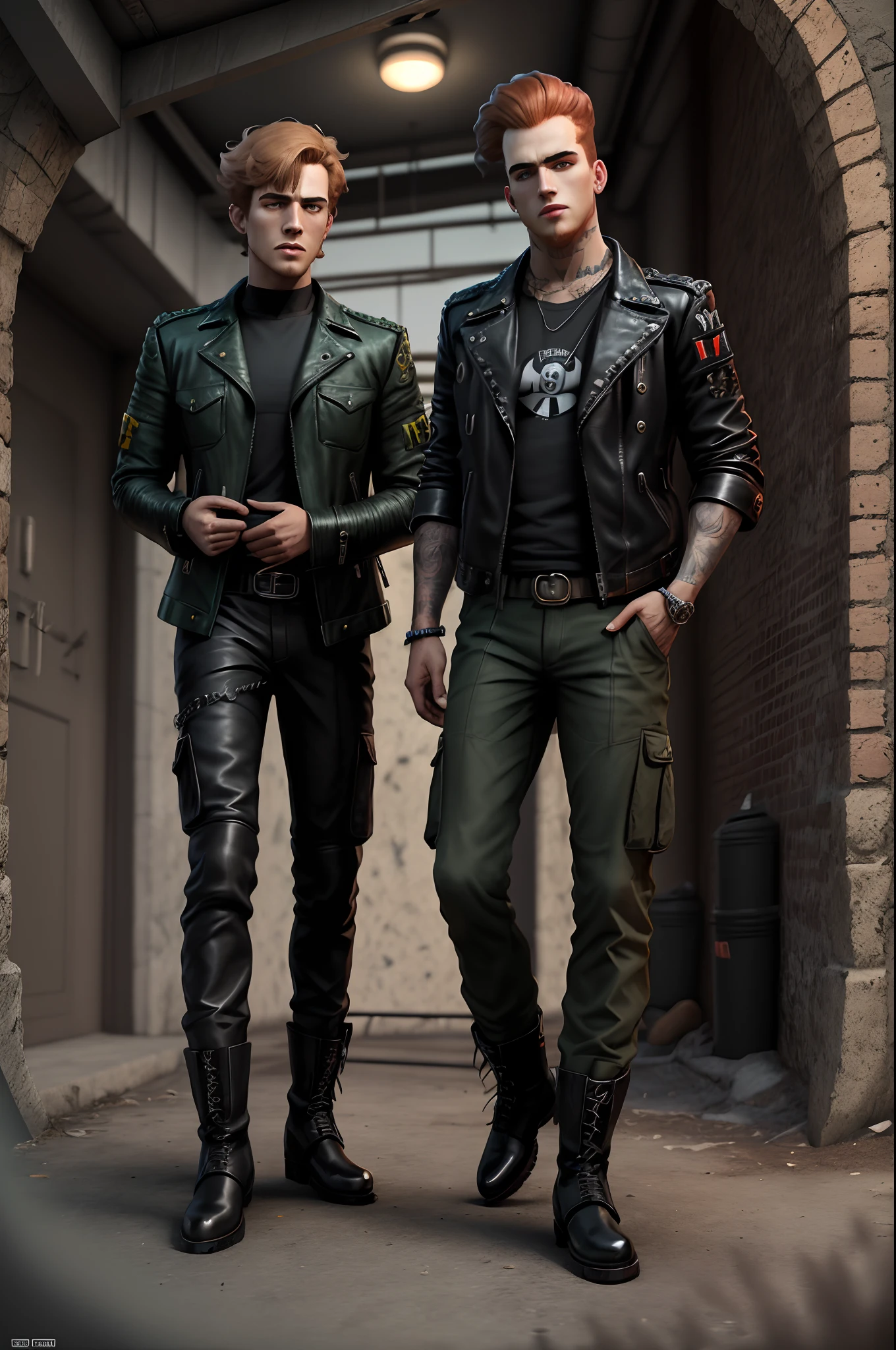 3d disney pixar style poster of a metalhead boy named Rudy, that has shoulder length lush ginger hair, hes wearing black bovver boots, green military styled cargo pants, wearing a black blouse with "burzum" written on it and a black motocyclist leather jacket
