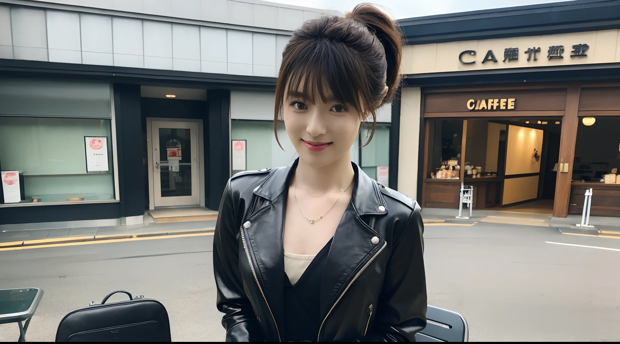 (Black leather gloves in both hands) Black leather rider's jacket suit, young Japanese girl, sitting on a chair, black hair ponytail up to the waist, earrings, necklace, midday, camera perspective, front, 8K, smile facing here, black leather long boots, outside the store, open cafe, cup, sweets