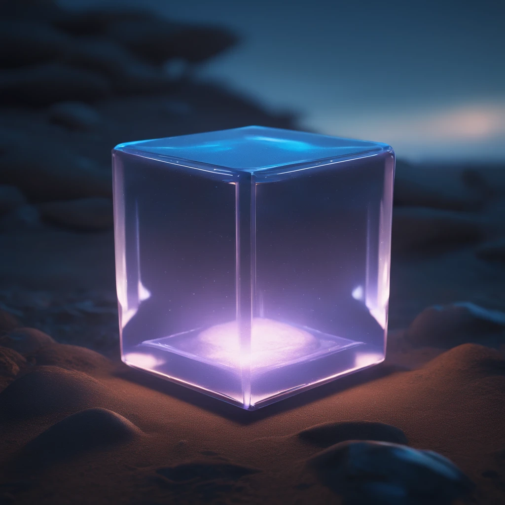 concept art of a clear blue glowing cube on the ground, beautiful realistic atmosphere, environment, detailed, realistic, concept art, unreal engine 5, structure, sci-fi, ray tracing, CGI, perfect visuals, lighting, smooth, movie, screen-space reflections, ambient occlusion, scenes, aesthetics, bloom, shadows, perfectly drawn, textures, cinematic, sharp edges, hdr effect, blender 3d, asset library, art station, realism, retro-futurism, 90s, 80s, vintage effect, vaporwave, chillwave, close up, the ground material is blue, synth wave, retro wave,