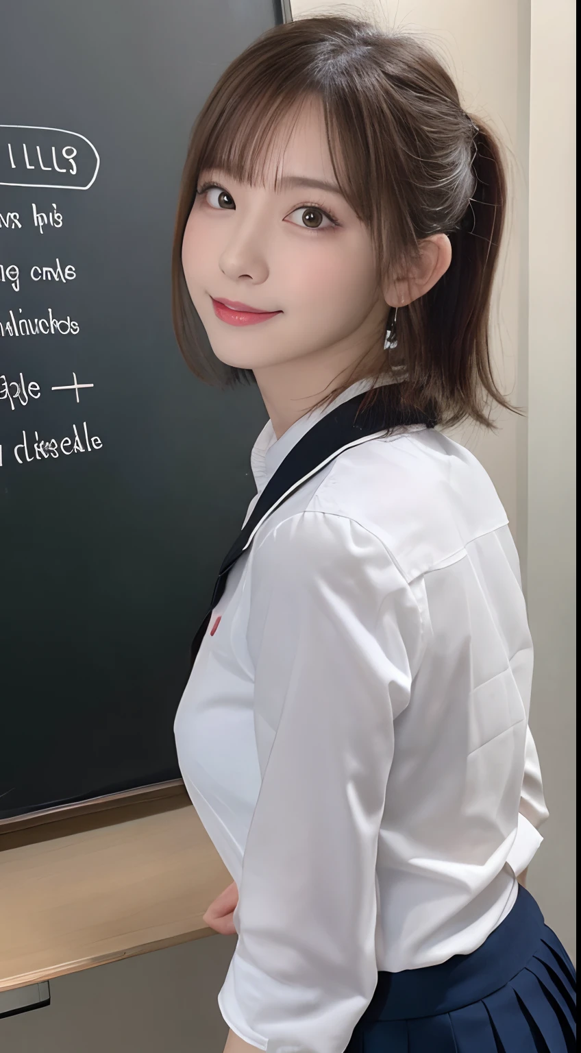masutepiece, Best Quality, Live action, Ultra-detailed, finely detail, hight resolution, 8K Wallpaper, Perfect dynamic composition, Beautiful detailed eyes, Medium hair in a ponytail,Huge chest under the shirt:2.0、Natural Color Lip, Bold sexy poses,Smile,20 years girl、Cute、Sexy shot looking at camera、Shot from the knee up、full body seen、((Being in the classroom:2.0、Button shirt with collar、Short pleated skirt、Uniform Ribbon、chalk board、From the knee up、Line、big eye、long lashes、Colossal tits:1.5、Rear view、backs、sideshot))