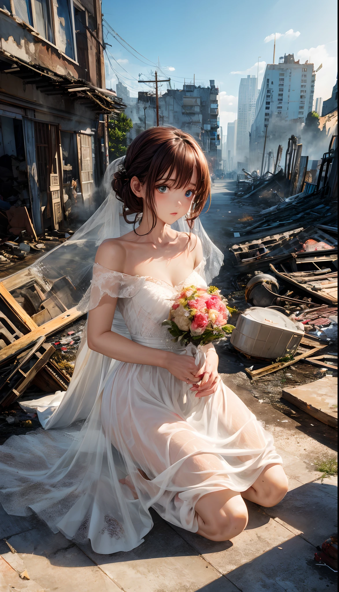 A beautiful young girl in torn dirty wedding dress kneeling amidst rubbles of a war-torn fallen city, people running, smoke, smog, light particles, fire, somber, innocence and devastation, UHD, HDR, Colored pencil drawing, Broken Glass effect