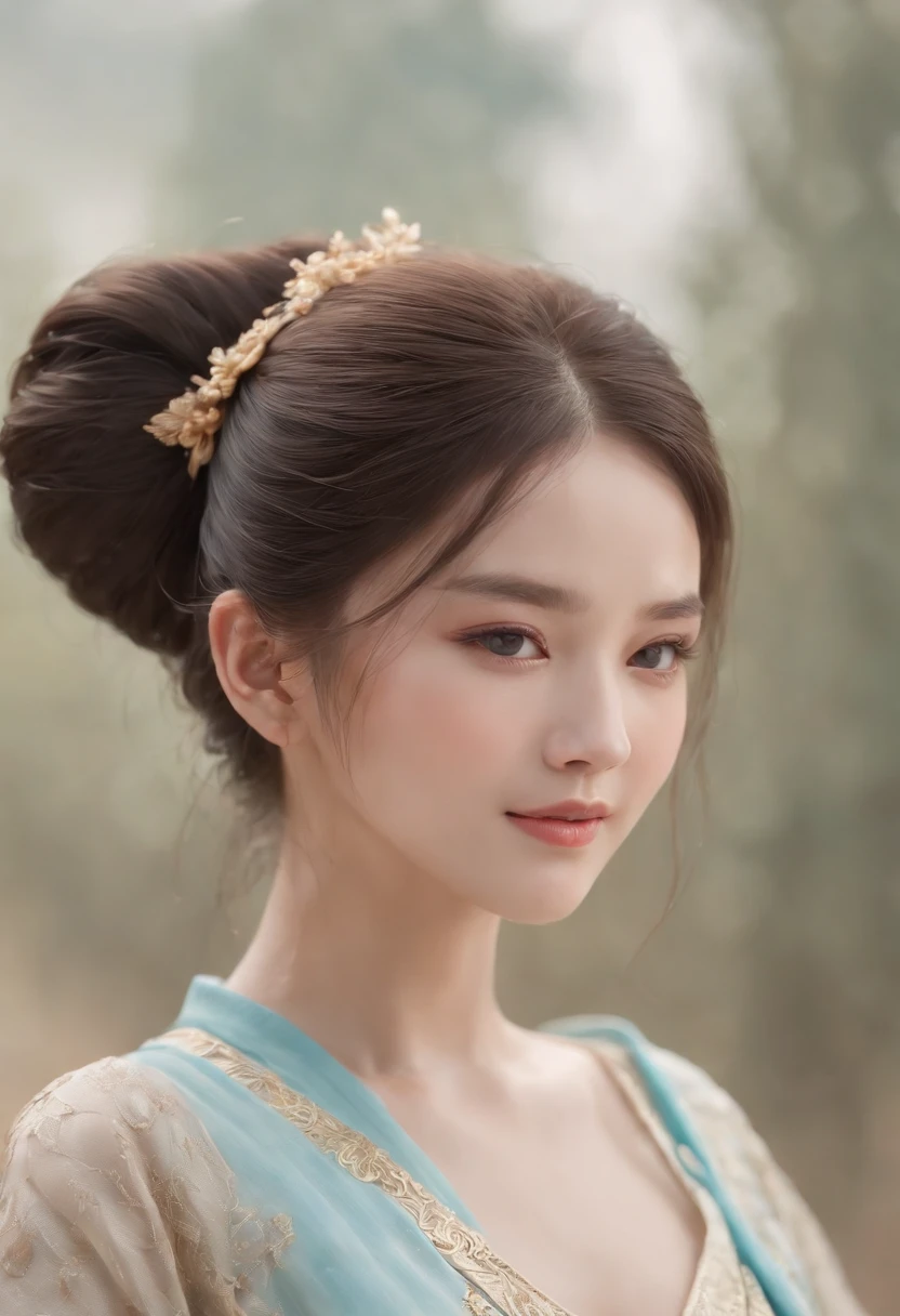 Bust photo, a beautiful woman, messy hair, girly, symmetrical bun, hair accessories, jewelry, delicate face, eye shadow, delicate cyan top, bare shoulders, navel, bare belly, Dunhuang style, a lot of streamers, delicate skin, soft light effects, delicate and smooth hair, delicate details, eye highlights, fair skin, fine portrayal, extreme details, cinematic quality, thin, slender, broken, hair details, thin bangs, shawl hair, correct body, shadows, air bangs, 8K, super detailed, Fine fabric texture, soft, supple, smooth texture, Dunhuang style, delicate pattern, correct hand painting, smile, tsurime, Surrealism, ray tracing, UHD, high details, super detail, highres, 8k, high quality, high details, textured skin, ccurate