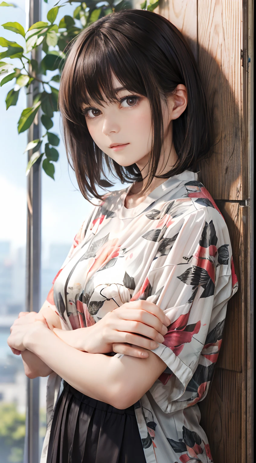 60
(a 20 yo woman,is standing), (A hyper-realistic), (masutepiece), ((A dark-haired、short-hair:1.3)), (Breast), Gentle expression, (Clothing printed with wild animal characters)